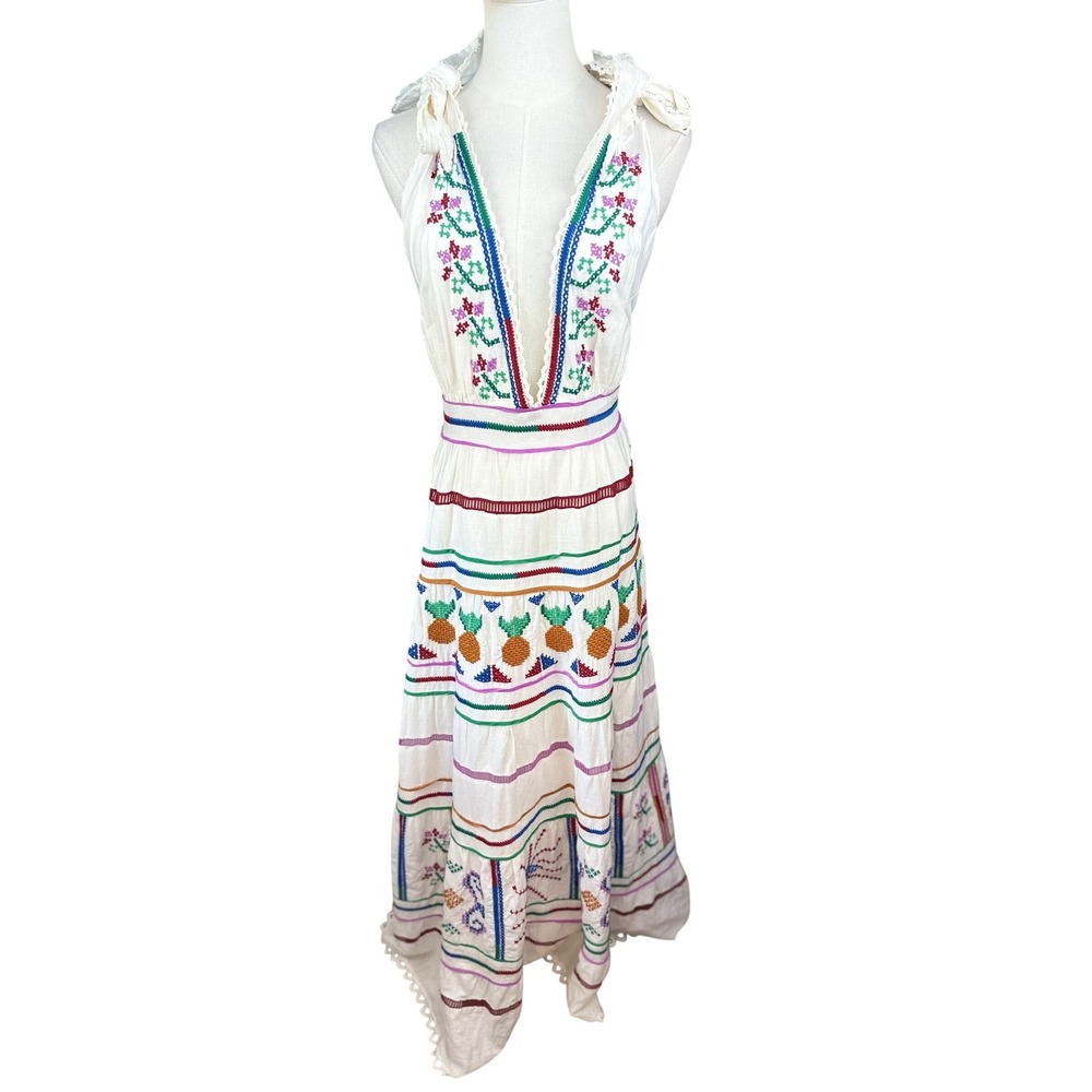 Farm Rio Brazil XL‎ Off White Embroidered lace Pineapple Maxi Dress Tie Shoulder - Picture 4 of 15